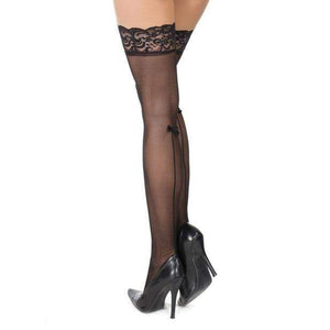 Coquette - Sheer Stay Up Silicone Lace Top Thigh High with Bow Center Back Seam XL (Black) Costumes 883124118727 CherryAffairs