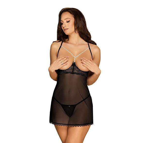 Obsessive - Pearlove Chemise and Thong Set S/M (Black) Lingerie (Non Vibration) 506687017 CherryAffairs