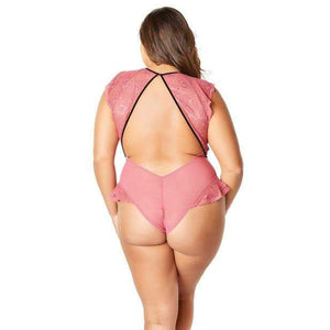 Oh la la cheri - Flutter Sleeve Plunge Bodysuit with Velvet Edges and Harness Neckline 1X (Pink) Costumes 841143141515 CherryAffairs