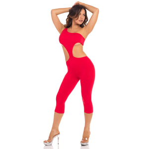 Pink Lipstick - One Shoulder Cropped Catsuit Bodystocking Costume S/M (Red) Bodystockings 017036650642 CherryAffairs